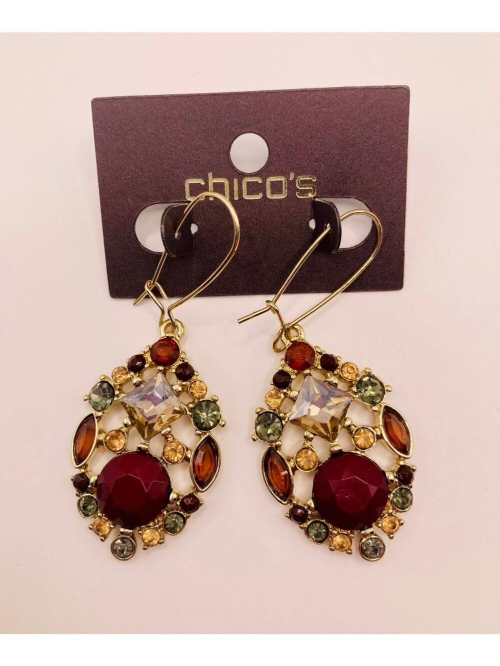 Chicos Gold-Tone Multi-Stone Dangle Earrings Red Amber Green Accents -90B